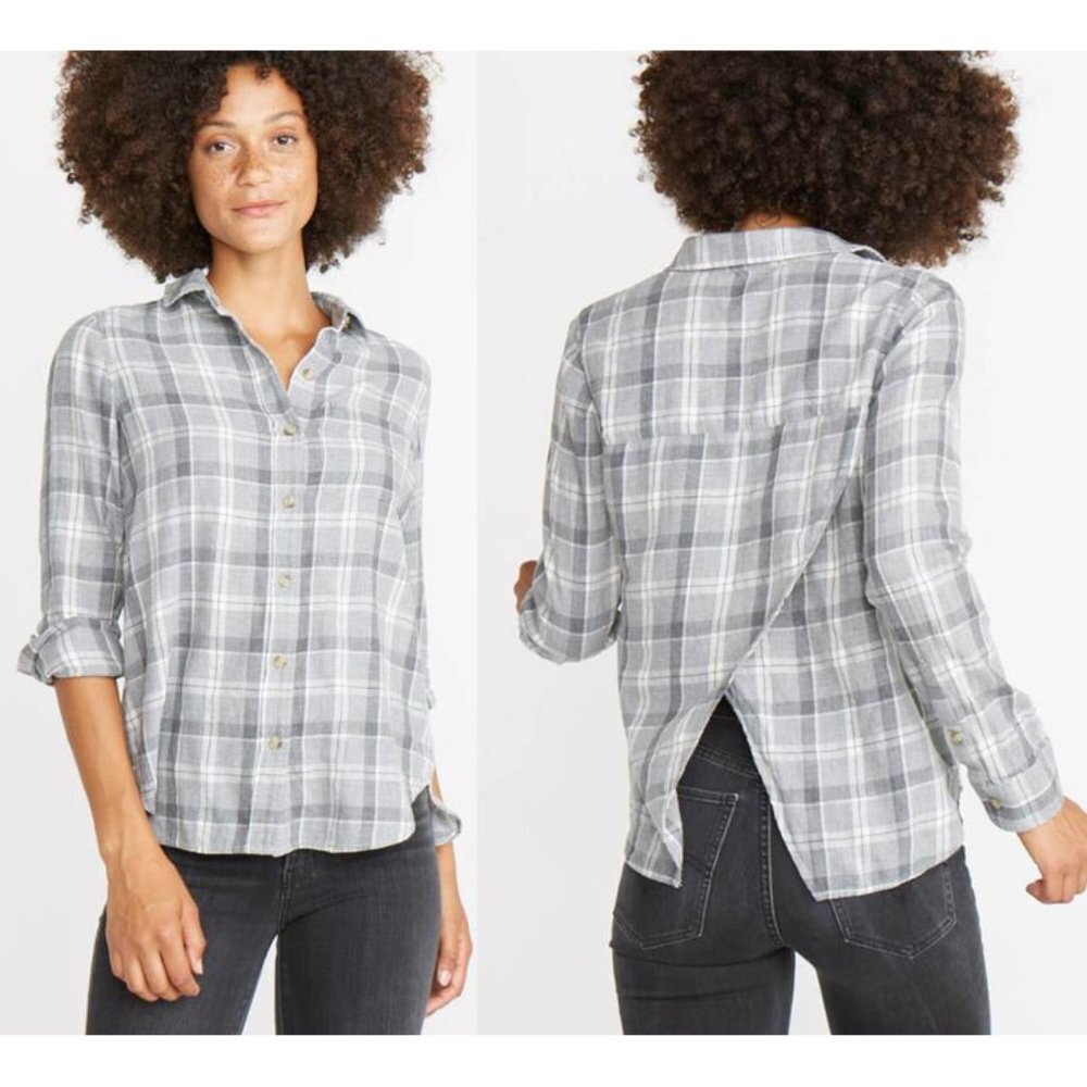 Marine Layer Meadow Top Plaid Split Back Western Coastal Boho Gray Size L